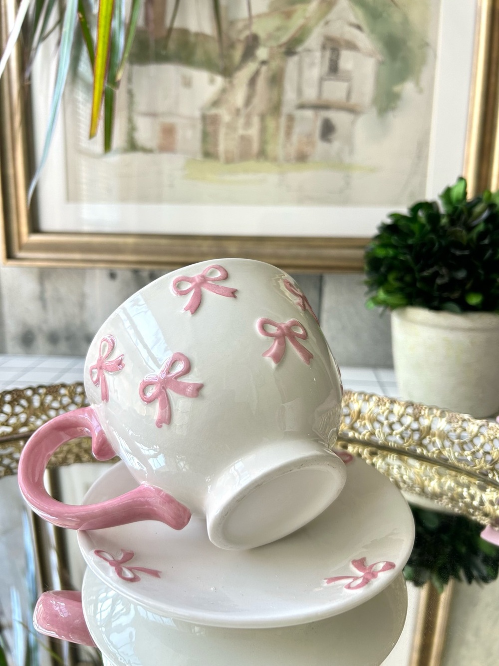 🌴Target Darling Pink & White Tea Cup and Saucer Set W/Lovely Bows | One Set